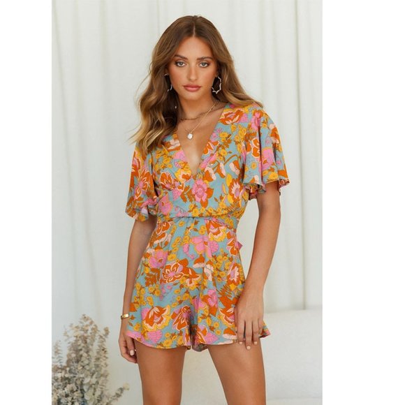 Floral Wrap Tie Romper - Picture 1 of 6